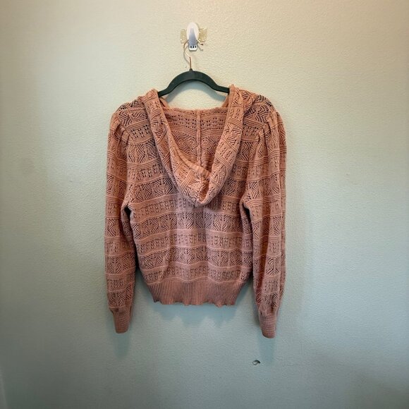 Lauren Conrad LC Women's Soft Pink Open Knit Hooded Sweater Size M Beachy - Picture 3 of 8